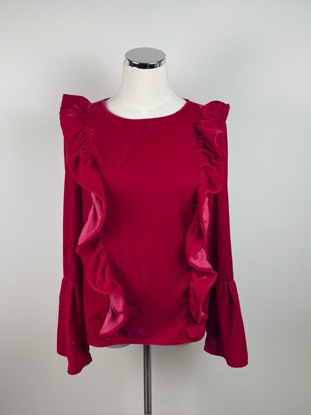Amaryllis Solid Red Velvet Ruffle Long Sleeve Blouse Top Women Small